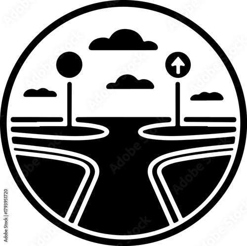 Circular graphic of a road splitting with a signpost in the center