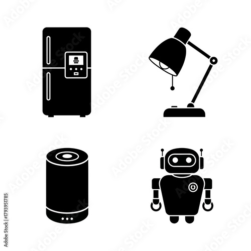Modern smart home icons featuring a refrigerator, desk lamp, speaker, and friendly robot for technology concepts