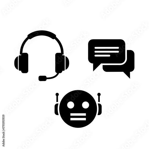Dynamic icon set representing customer support chatbots and communication technology for modern business solutions