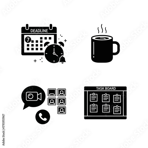 Organize your workday with these essential business icons depicting deadlines, meetings, tasks, and coffee breaks for ultimate productivity and efficiency.