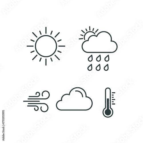 Modern weather icons symbolizing sun, rain, wind, cloud, and temperature for forecasts and climate information