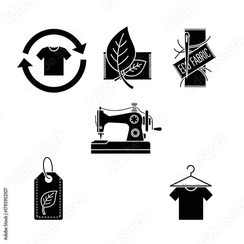 Sustainable fashion icons showcase eco-friendly textiles, recycling, sewing, and apparel creation for conscious brands and designers.