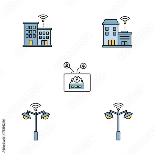 Smart city technology icons connect buildings, streetlights, and central systems wirelessly for urban innovation and connectivity
