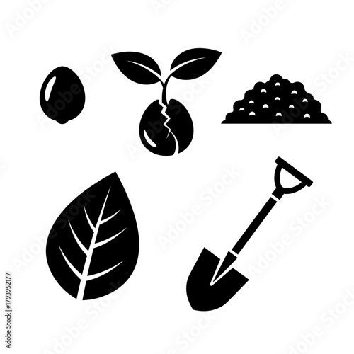 Cultivation icons show seed germination plant growth soil shovel and leaf for garden farming and nature projects