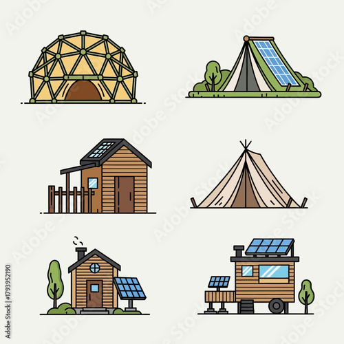 Diverse eco-friendly shelters featuring geodesic domes, tents, cabins, and tiny homes powered by solar energy for sustainable living.