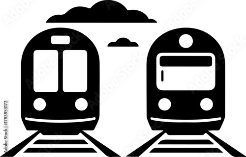 Two modern trains on parallel tracks with stylized clouds above