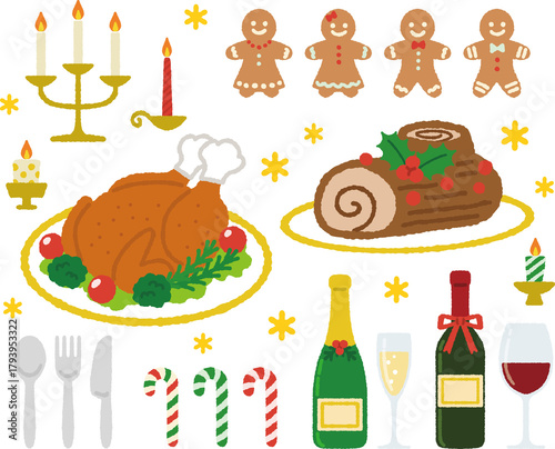 クリスマスらしい飲み物と食べ物のイラストセット