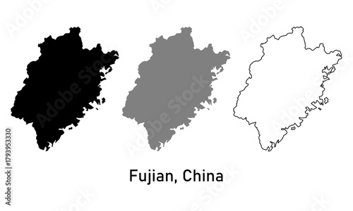 Fujian Province Map. China Administrative Division Vector Illustration. Map in different styles of outline, black and gray