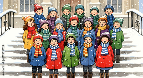 A group of diverse children in colorful winter coats, hats, and scarves singing carols on snowy steps in front of a building.