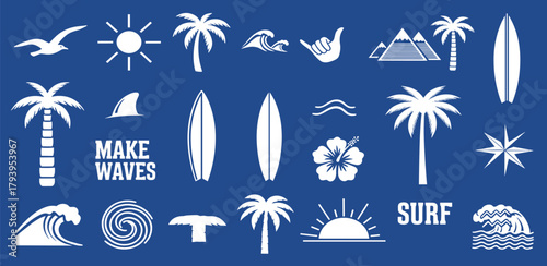 Collection of soccer equipment and symbols representing a sports game, including a stadium, jersey, ball, and trophy