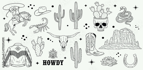 Vintage Western-Themed Line Art Cowboy, Cactus, and Desert Elements for Design