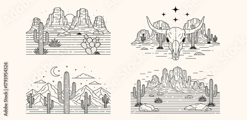 Desert Landscape Illustrations Cacti, Skull, Mountains in Outline Style