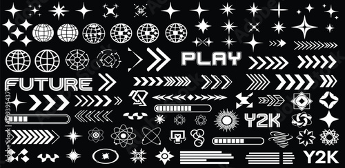 Dynamic collection of retro-futuristic graphic elements, capturing the distinctive early 2000s Y2K aesthetic with a modern digital edge, perfect for creative design projects and interface inspiration