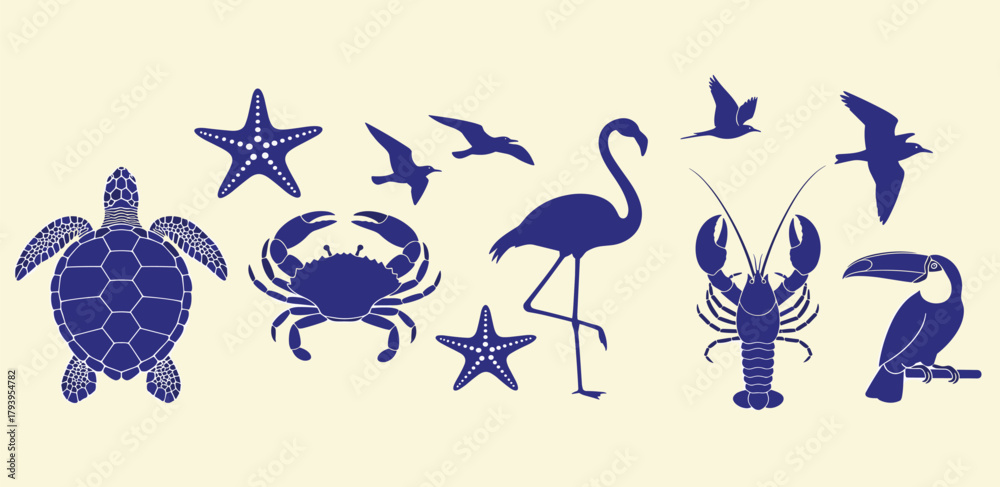 Obraz premium Collection of blue illustrations of marine life, including a turtle, crab, and starfish