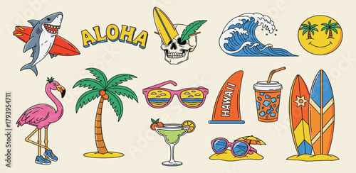 Vibrant collection of retro summer surf illustrations, featuring tropical beach elements, vintage styled surfing gear, and fun holiday icons perfect for vacation themes and sunny adventures