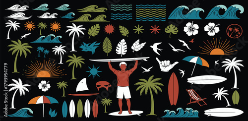 A comprehensive collection of diverse tropical beach and surfing elements, perfect for designing a vibrant summer vacation concept with a relaxed and adventurous spirit