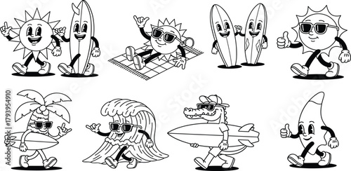 Black and white cartoon characters embodying the cheerful summer adventure concept. Retro vector illustrations feature playful suns, surfboards, and quirky beach friends enjoying carefree holidays