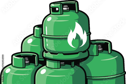 Green Gas Cylinders Stacked with Flame Symbol Illustration.