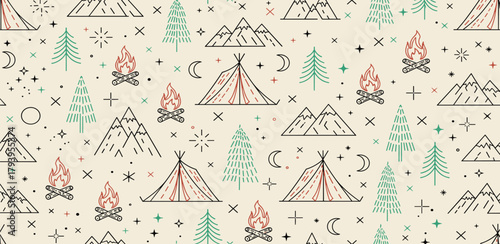 Camping Adventure Pattern Tents, Bonfires, Mountains, and Pine Trees