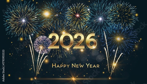 Happy New Year 2026, a fireworks celebration, with vibrant bursts of blue, gold and white lights for a dramatic festive atmosphere.
