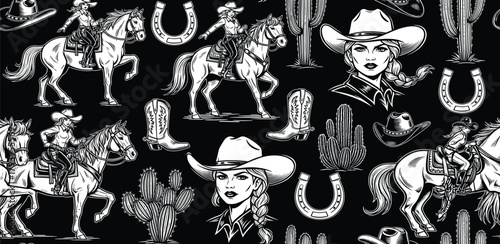 Cowgirl illustrations and rodeo elements in a black and white western theme