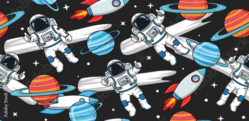 Seamless Pattern of Astronauts, Planets, and Rockets in Outer Space, Perfect for Children's Designs