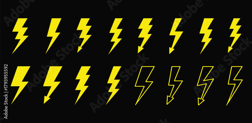 Dynamic array of yellow lightning bolt symbols and diverse thunderbolt icons, perfect for expressing power, speed, energy, and dramatic alerts in modern digital design and visual communication