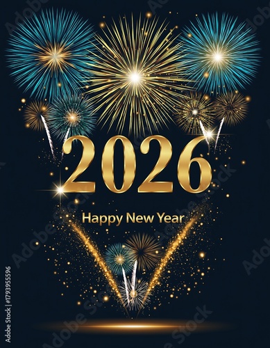 Happy New Year 2026, a fireworks celebration, with vibrant bursts of blue, gold and white lights for a dramatic festive atmosphere.