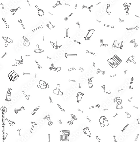 Black and white line art pattern of various automotive and mechanical tools.eps