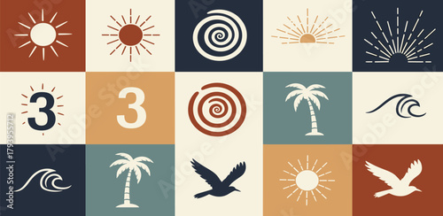 Summer Vibes Collage Sun, Waves, Palms & Seagulls for Tropical Moodboards