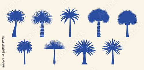 Diverse collection of vibrant blue palm tree silhouettes, showcasing various tropical foliage styles and natural shapes, perfect for design projects and summer themes