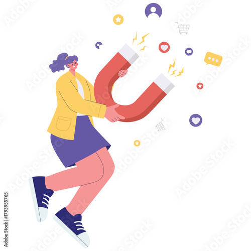 Marketing Concept Illustration. Vector illustration of Woman using a magnet to attract likes, followers, and shopping icons, symbolizing lead generation and engagement. Isolated on background