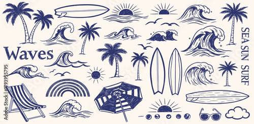 Collection of beach and surf elements including waves, palm trees, surfboards, and sun for summer and travel designs