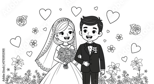 Happy cartoon bride and groom on their wedding day.