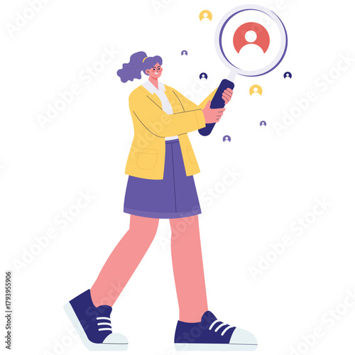 Marketing Concept Illustration. Vector illustration of Woman scanning with a magnifying glass and user icons, symbolizing customer research and persona targeting. Isolated on background