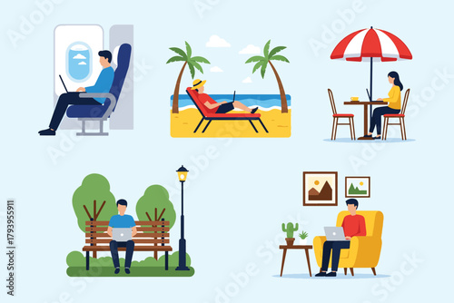 Digital Nomads Working Remotely in Various Locations Illustration