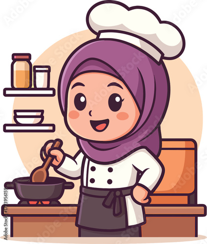 Cartoon Muslim Female Chef Cooking in Kitchen