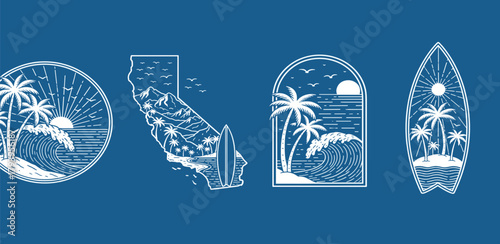 Coastal California surf adventure illustrations capturing scenic beaches, crashing ocean waves, majestic palm trees, and classic surfboards, perfect for summer designs