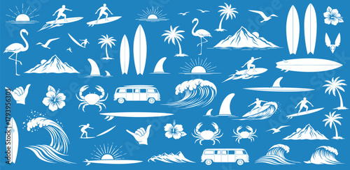 Ocean waves, surfboards, and tropical elements including flamingos, palm trees, and marine life, perfect for summer themes
