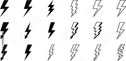 Set of Lightning Bolt Icons Black and White Electricity Symbols