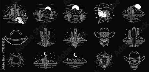 Collection of Cowboy-Themed Illustrations Cacti, Desert Landscapes, and Skull Cowboy Hat Elements