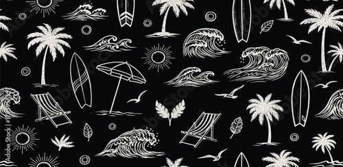 Beach vacation and summer holiday seamless pattern with palm trees, surfboards, waves, and beach chairs