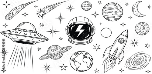 Hand-drawn space concept elements planets, rockets, a UFO, astronaut helmet, stars, and meteors, ideal for cosmic themes, adventure designs, and educational illustrations