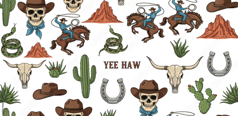 Obraz premium Wild West Rodeo Seamless Pattern of Cowboys, Skulls, Cactus, and Western Elements for Design