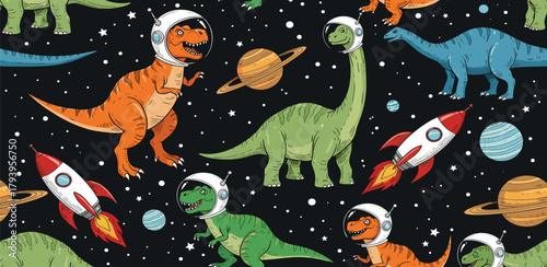 Whimsical illustration of space-faring dinosaurs exploring the universe, a fun seamless pattern for children's designs, symbolizing endless adventure and imaginative journeys