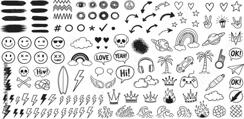 Extensive collection of hand-drawn doodle vector elements, showcasing a versatile array of playful symbols, expressive icons, and decorative accents for creative projects