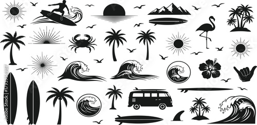 Summer Beach Vibes Tropical Paradise Elements and Surfing Symbols