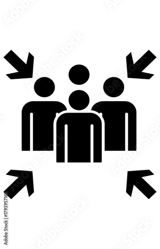 Emergency assembly meeting spot icon. People gathering together safety symbol. Solid black graphic, four inward arrows.