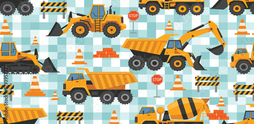 Construction vehicle pattern with diggers, dump trucks, concrete mixer, cones, and barriers on a blue checkered background