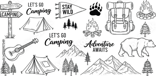 Camping adventure vector illustrations featuring tents, campfire, guitar, backpack, bear, and mountains, perfect for outdoor activities and travel themes